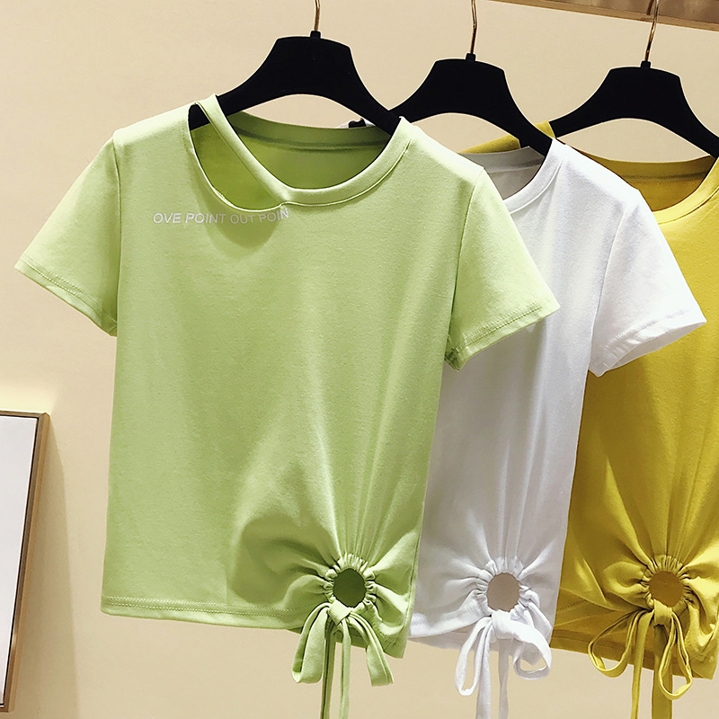 实拍下摆打结t恤女短袖短款2020夏季新款女装韩版宽松心机上衣