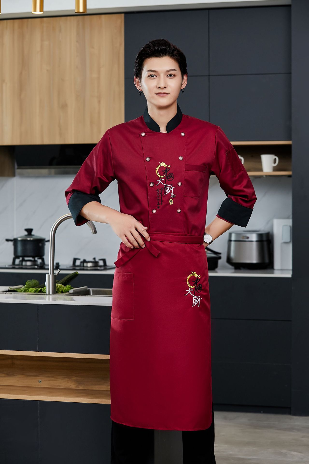 围裙厨师围裙半截餐饮厨房厨师后厨大厨围腰工作服半身男女黑色