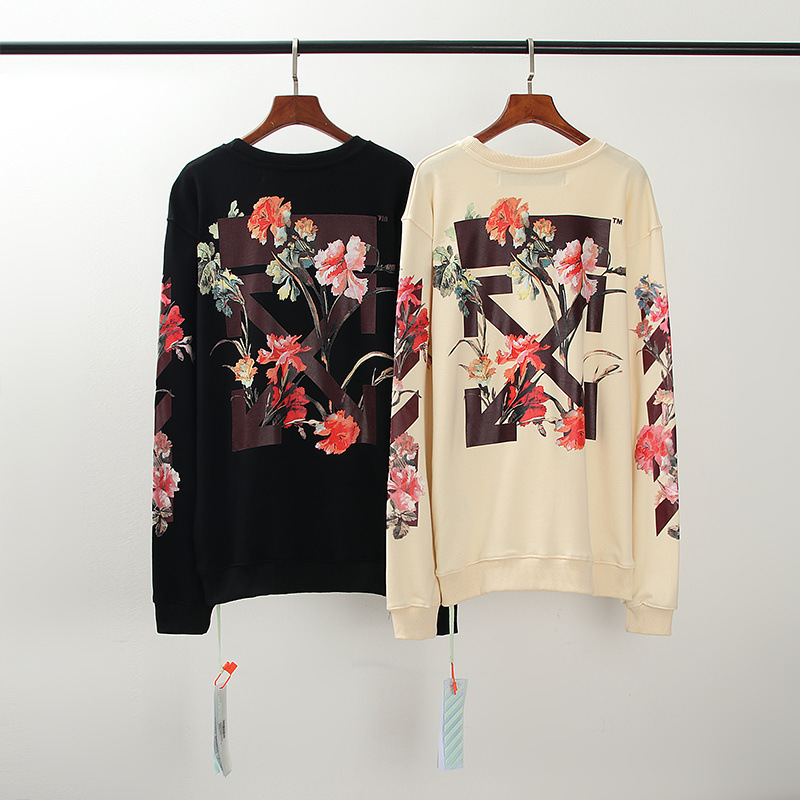 现货批发off white秋冬新款欧美潮牌ow花卉印花圆领套头圆领卫衣