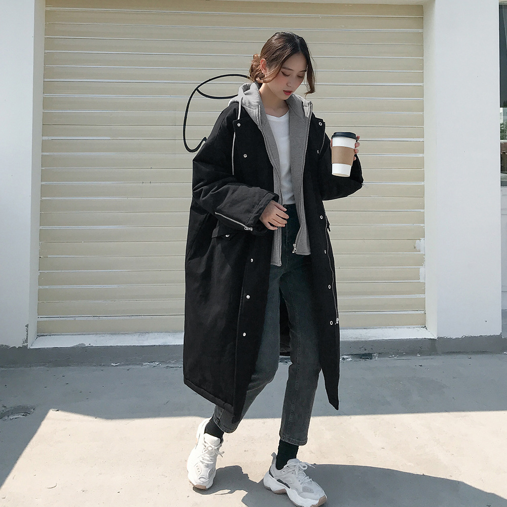 拼接连帽卫衣大码棉衣假两件工装外套2020冬季加厚夹棉棉服女棉袄