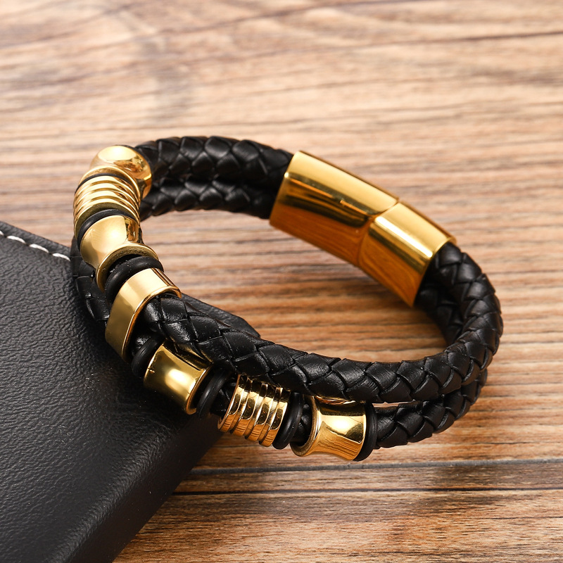 皮绳手链经典男士真皮编织手链不锈钢三色电镀皮革手镯厂家直销