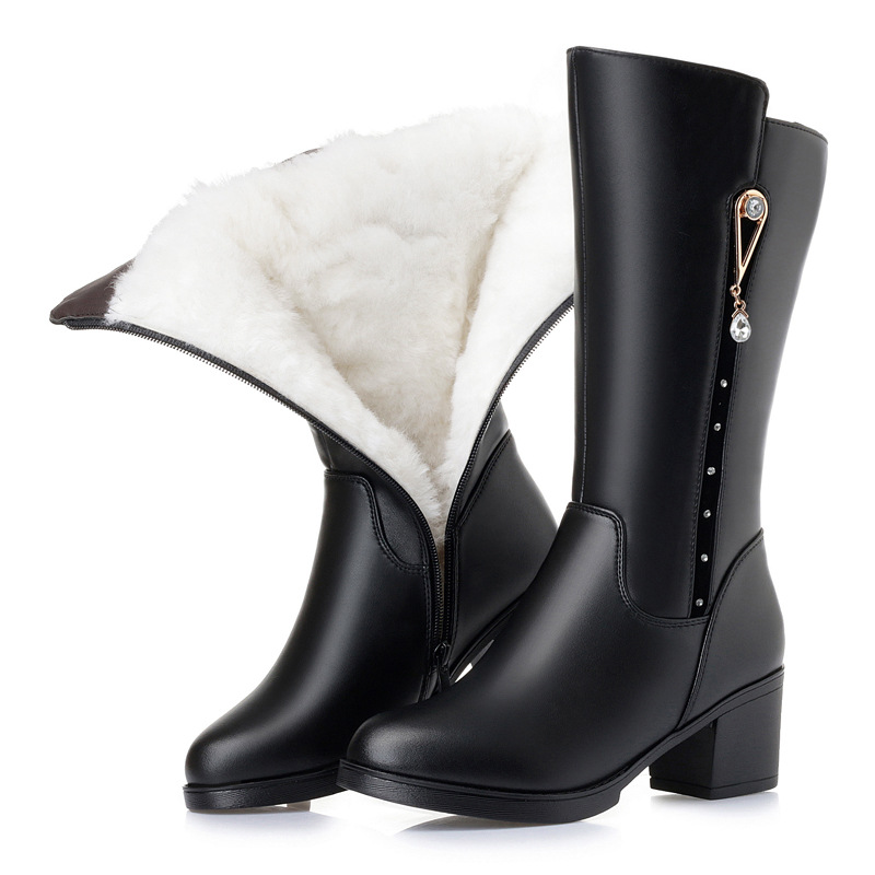 冬季真皮女靴加绒女士棉靴粗跟防滑中跟皮靴女靴子大码羊毛中筒靴