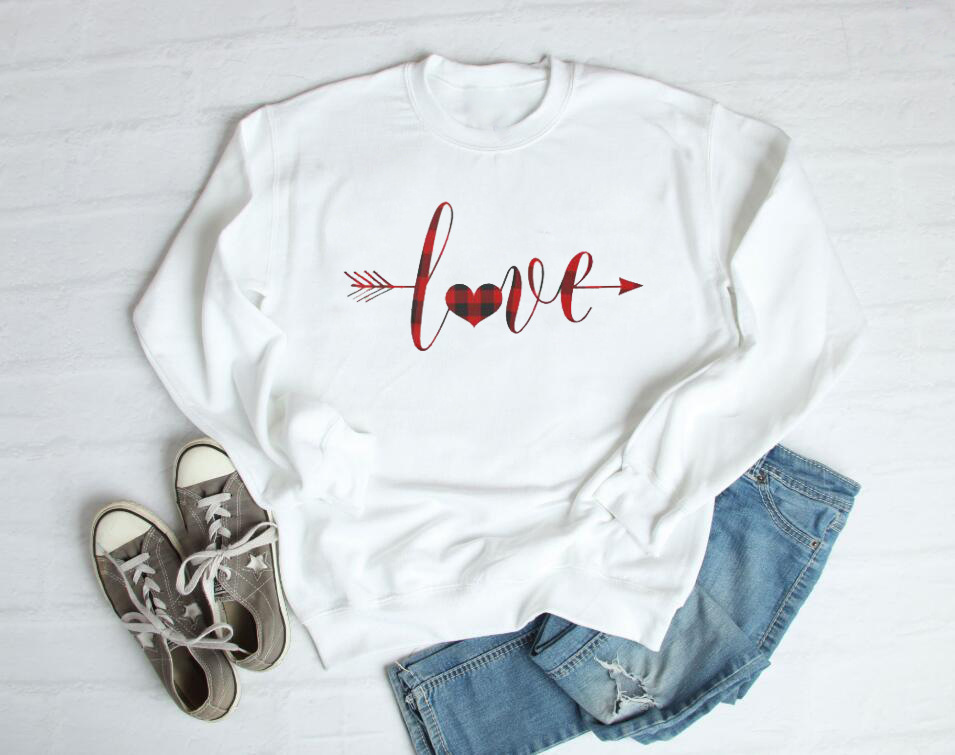 外贸plaid love heart 格子爱心t图案情人节休闲圆领长袖卫衣