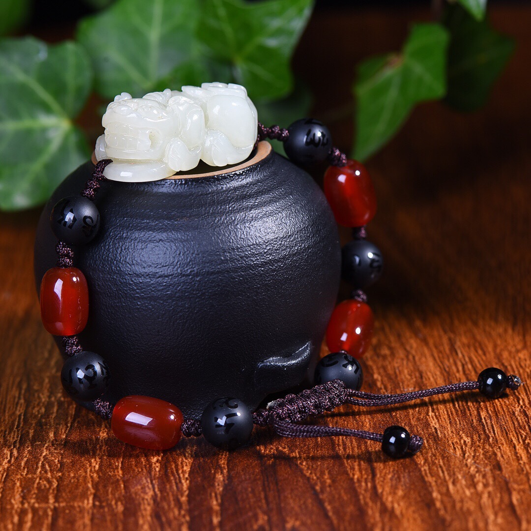 和田玉貔貅手串男女款保真白玉皮休手饰皮丘手链招财貔貅单圈手环