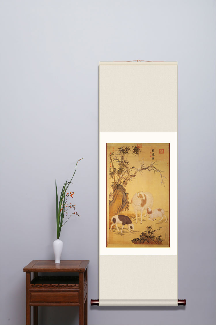 郎世宁装饰画三阳羊开泰图挂画吉祥客厅卷轴竖版装饰画名画复制品