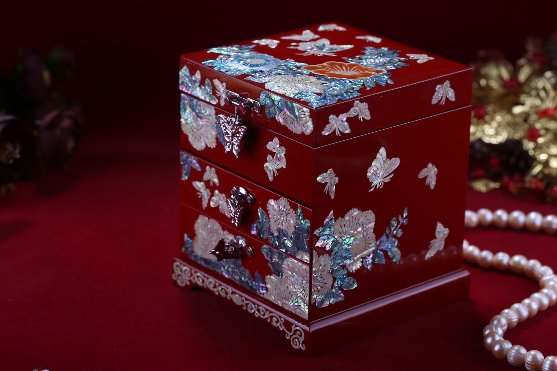 螺钿漆器首饰盒木质结婚首饰盒收纳盒珠宝盒