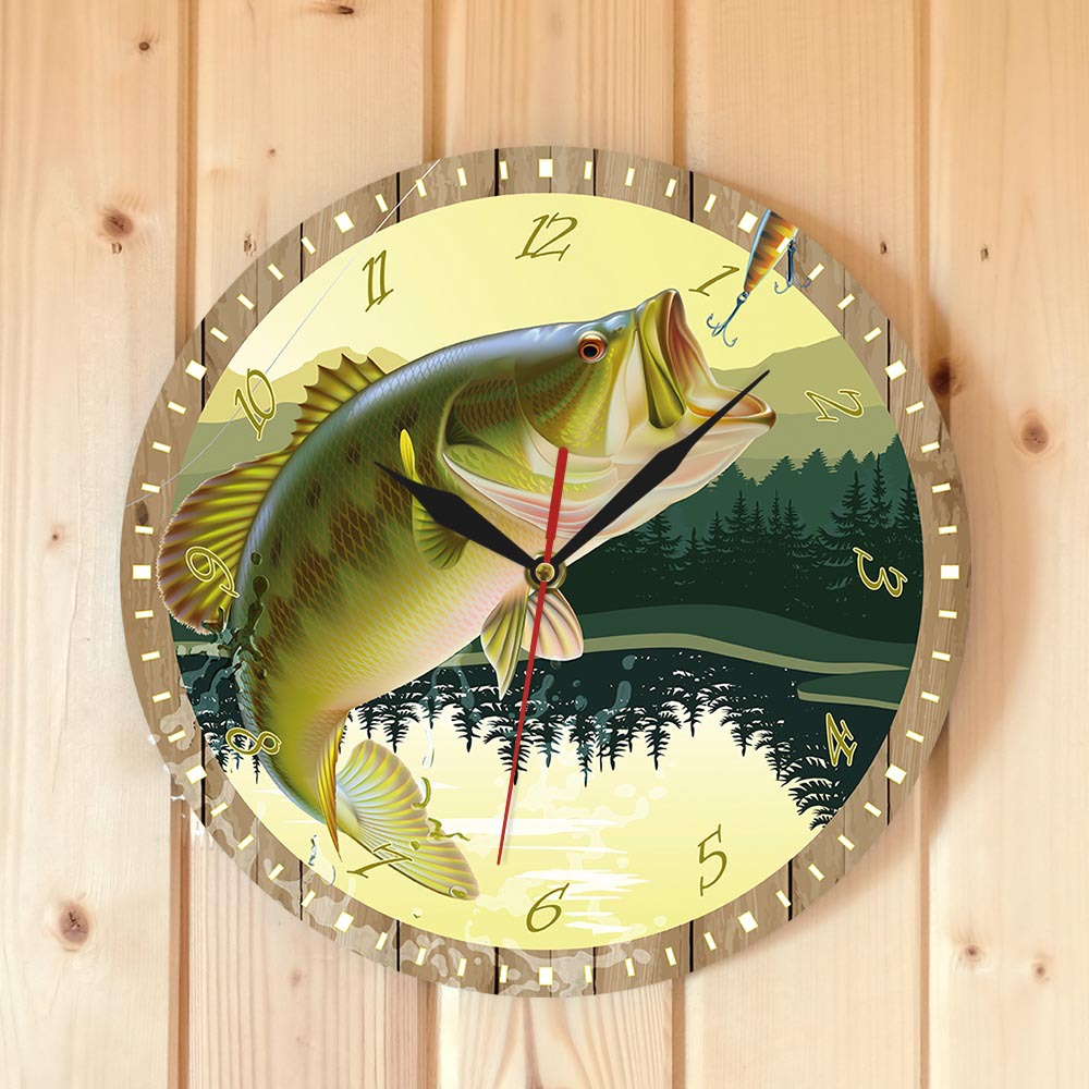 鱼儿上钩钓鱼风景时尚亚克力挂钟 跨境墙壁时钟