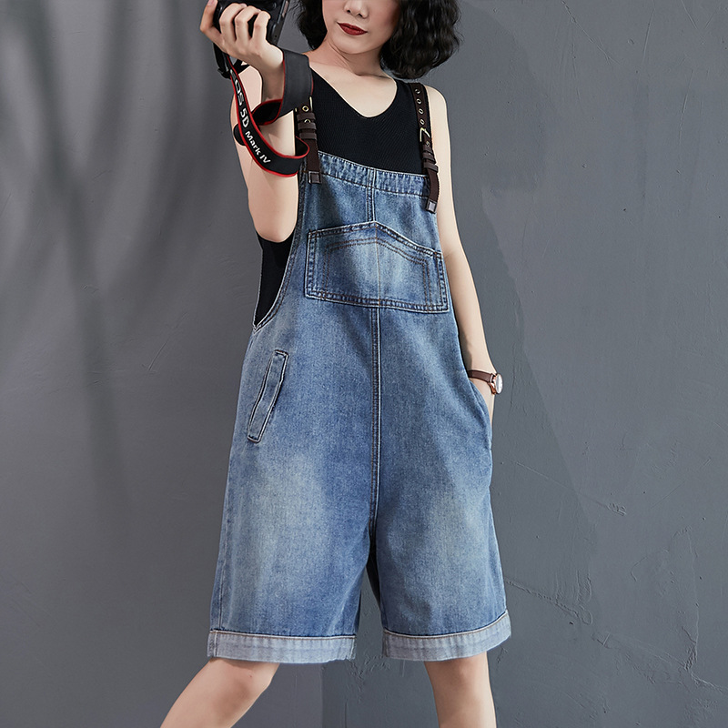 Younger Denim Suspender Pants Women's Korean Style 2023 Summer New Loose High Waist Slimming Sling One-Piece Wide Leg Shorts