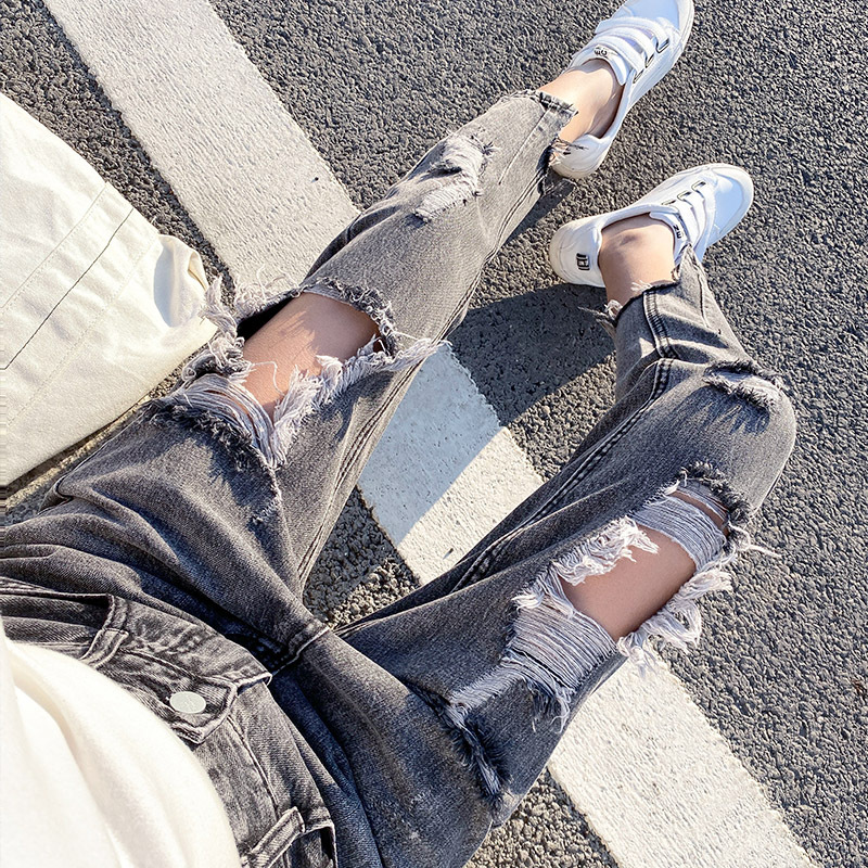 港风烟灰破洞烂牛仔裤女2020秋季韩版高腰宽松显瘦乞丐九分哈伦裤