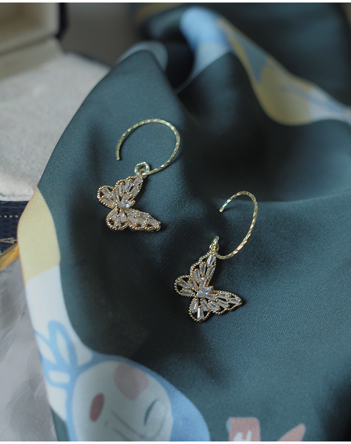 烨远 手作镶钻蝴蝶批花耳挂925纯银镀金耳钩优雅耳环女004142