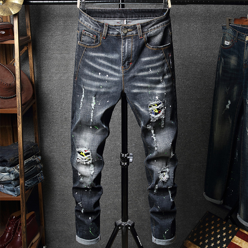   Cross-Border Factory Men's Jeans Ripped Straight-eg Trousers European and American Foreign Trade Patch Washed Denim Men's Trousers