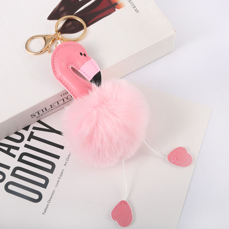 Exclusive for Cross-Border Flamingo Fur Ball Keychain Pendant for Women Fur Bag Ornament Key Ring Foreign Trade