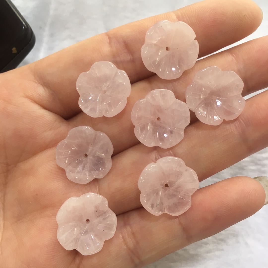 厂家直销粉晶碗花手工雕刻天然石五瓣花汉服花托材料diy饰品配件