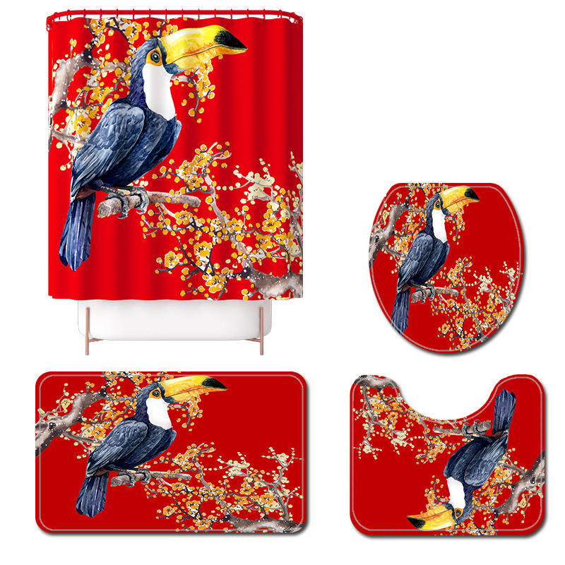 New Field Flower-Bird Print Waterproof Shower Curtain Carpet Four-Piece Set Toilet Mat Set Cross-Border AliExpress Hot Sale