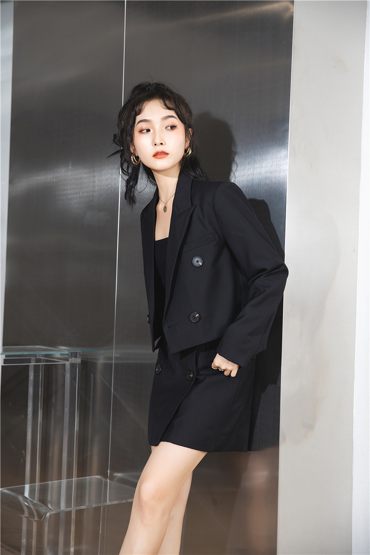 双排扣黑色短款新小西装外套女秋高腰半身裙时尚休闲套装裙两件套