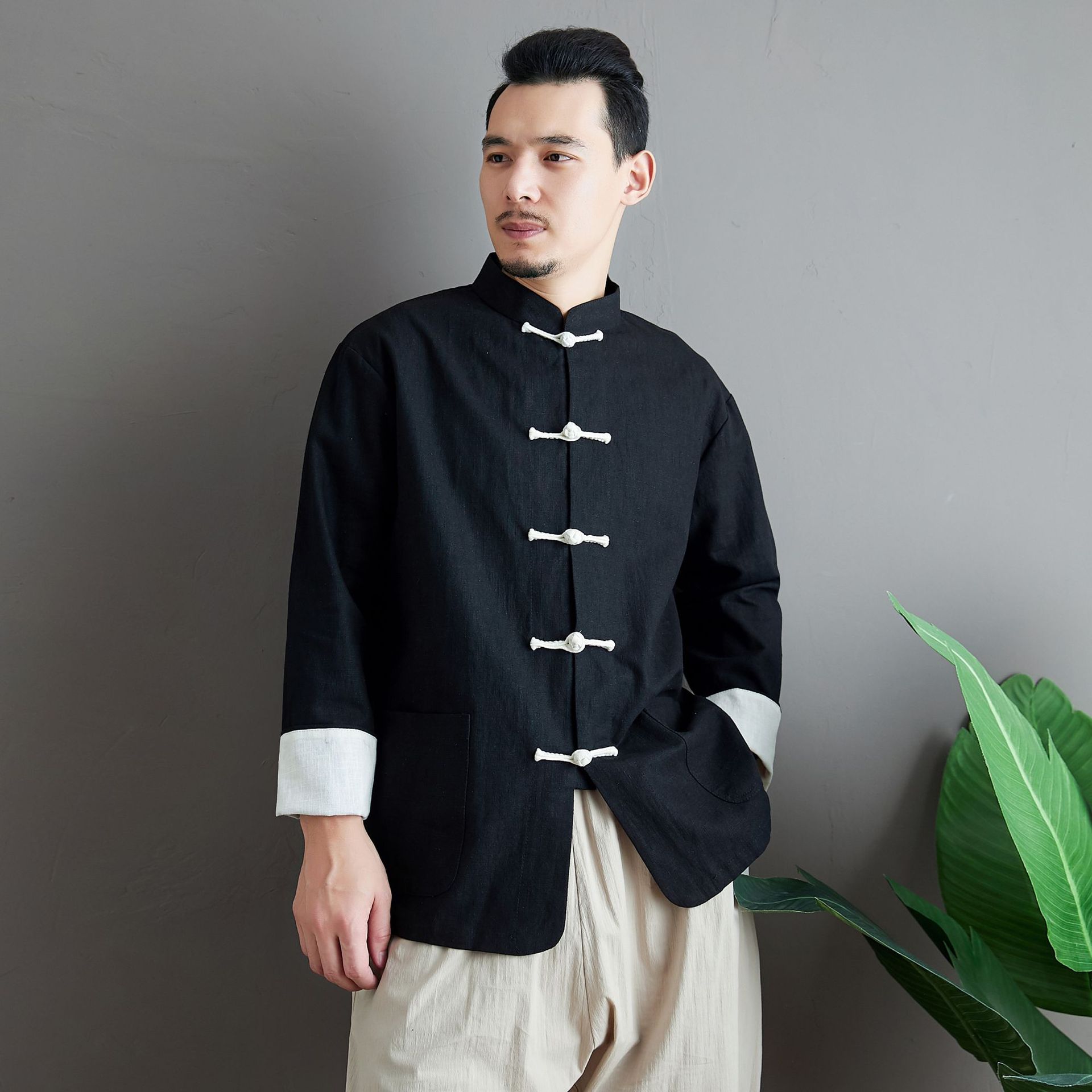 中式改良撞色宽松休闲唐装男亚麻红色上衣中山装男中国风外套男