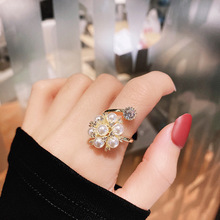 个性网红花朵珍珠戒指超仙铜微镶锆石开口指环女时尚设计气质优雅