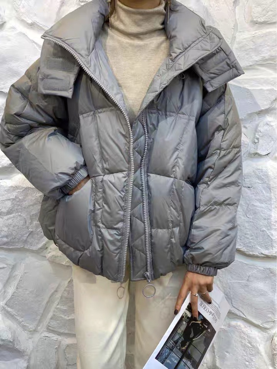 米索冬季女装新品 连帽休闲宽松版90白鸭绒羽绒服女