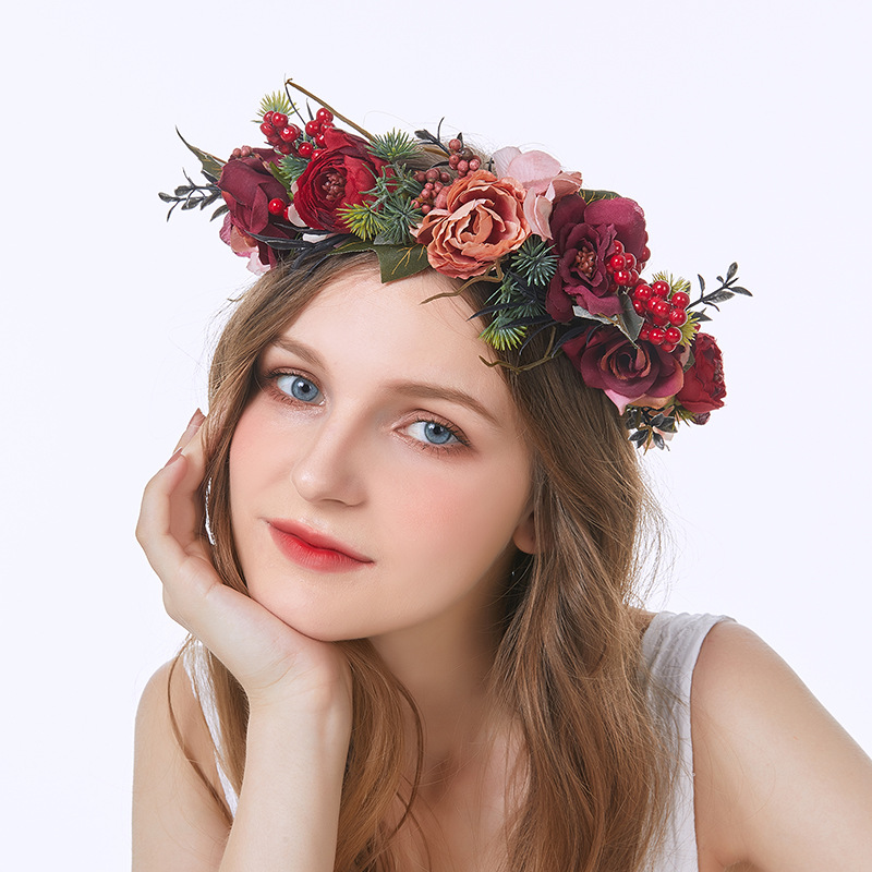 赫拉花环 新款复古酒红玫瑰绢花花冠新娘婚礼花环写真头饰批发