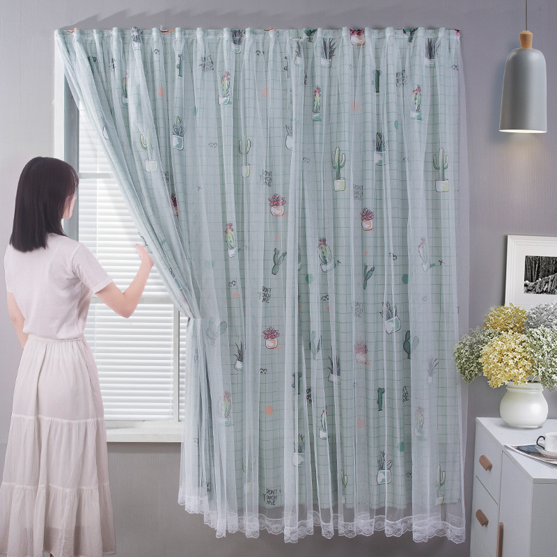 Hole-Free Velcro Shading Curtain Paste Dormitory Bay Window Light Transmission Nontransparent Rental Mesh Curtains Cloth Finished Wholesale