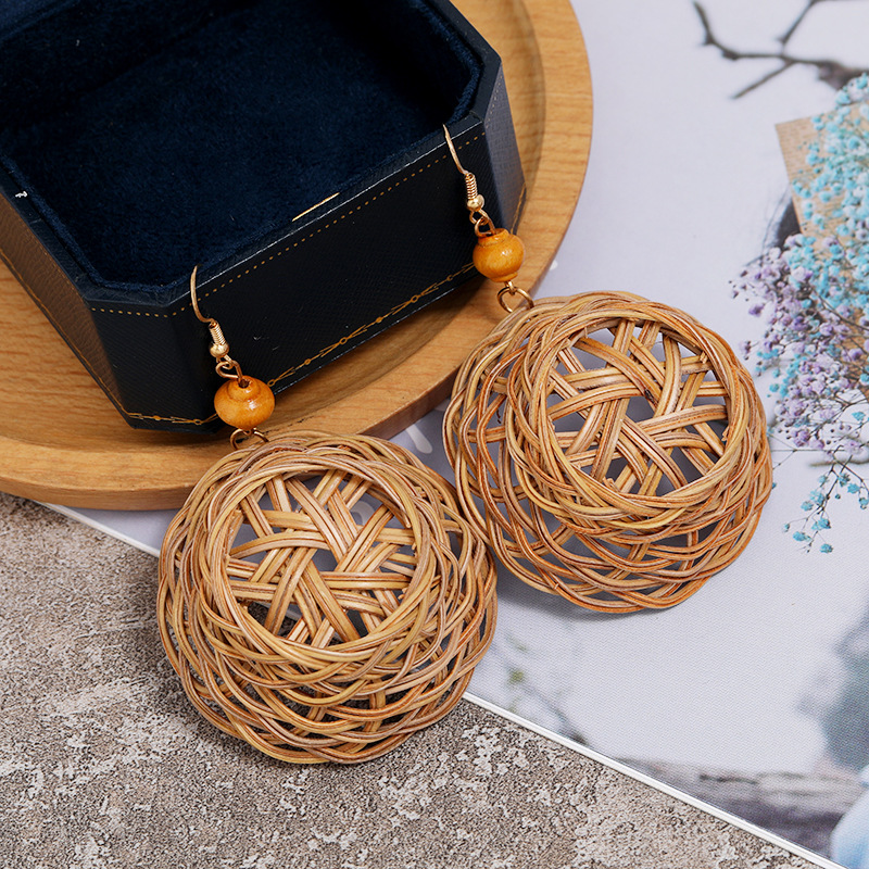 欧美圆形木竹藤草耳坠手工编织藤篮简约冷淡风耳环曼尼格复古耳饰