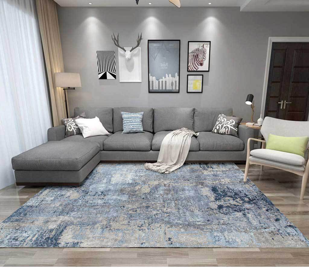 时尚北欧现代金灰蓝绿黄色抽象水墨圈绒卧室客厅走廊门地毯地垫