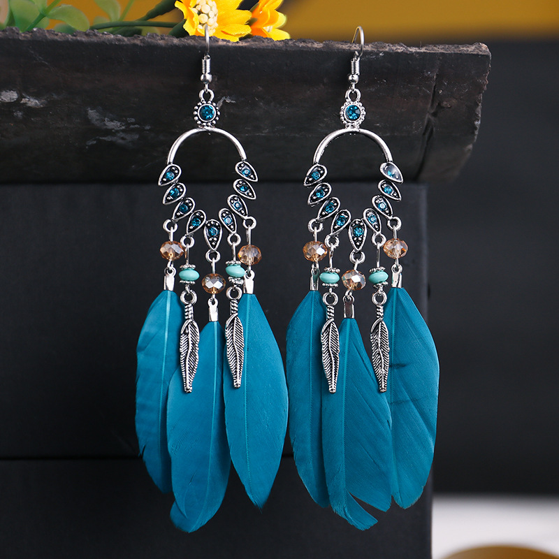 Blue Peacock Feather Earrings Female Bohemian Diamond Bead Earrings Long Fringe Earrings Ethnic Style