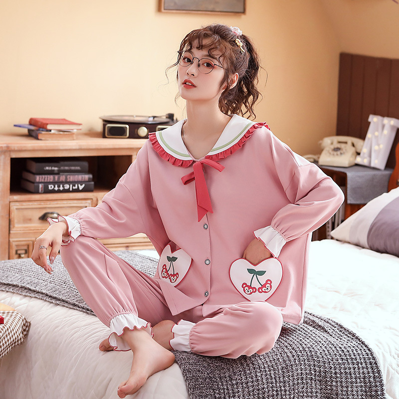 睡衣女开衫长袖韩版秋冬季甜美粉色少女纯棉两件套装高中生家居服