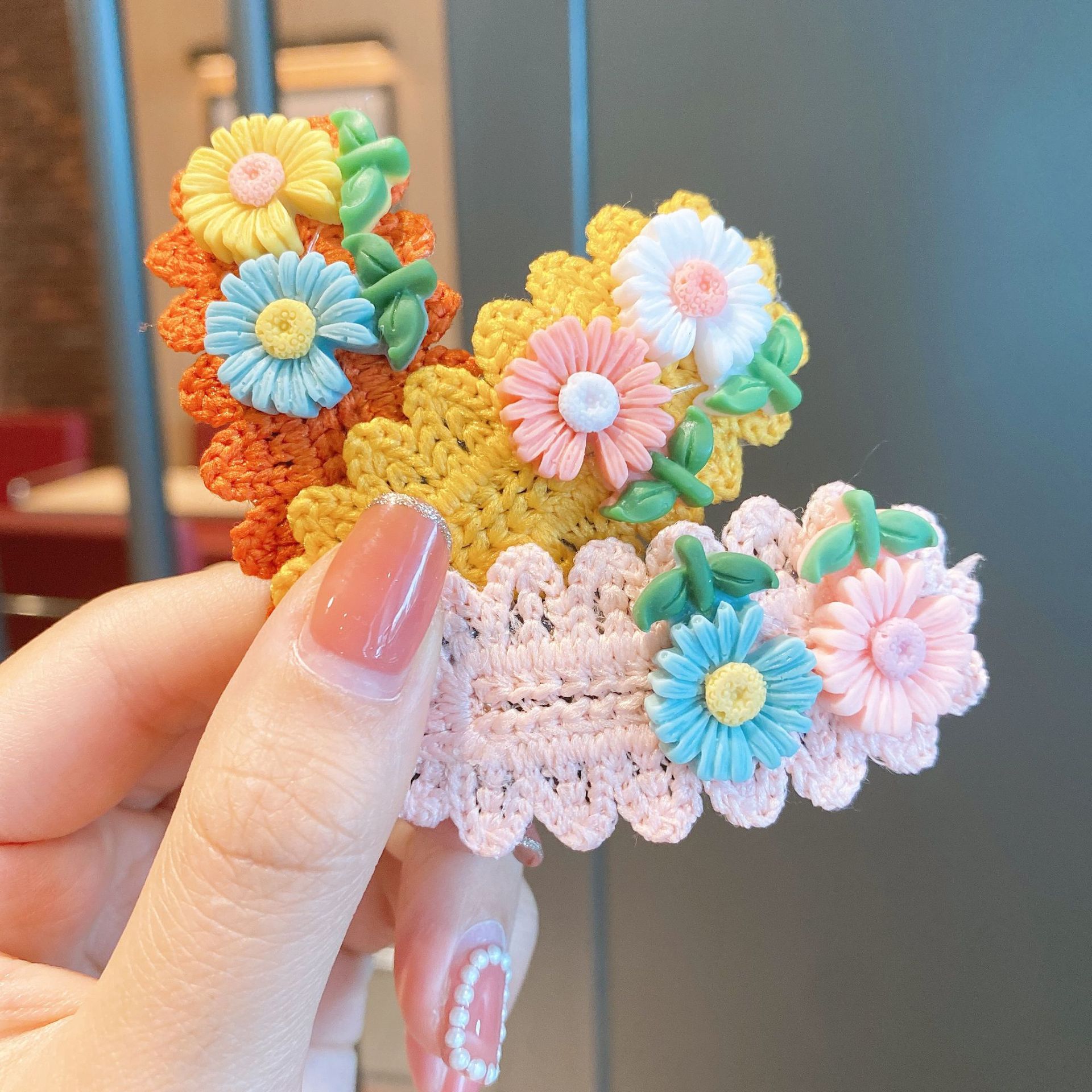 小雏菊毛线针织发夹儿童花朵头饰女童宝宝可爱bb夹卡碎发刘海边夹