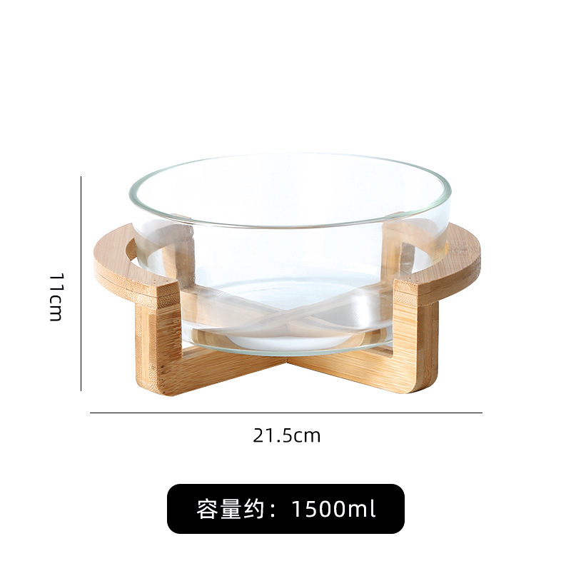 Simple Bamboo Base Glass Fruit Plate Living Room Snack Tray Household Fruit Bowl Salad Bowl Restaurant Buffet Bowl