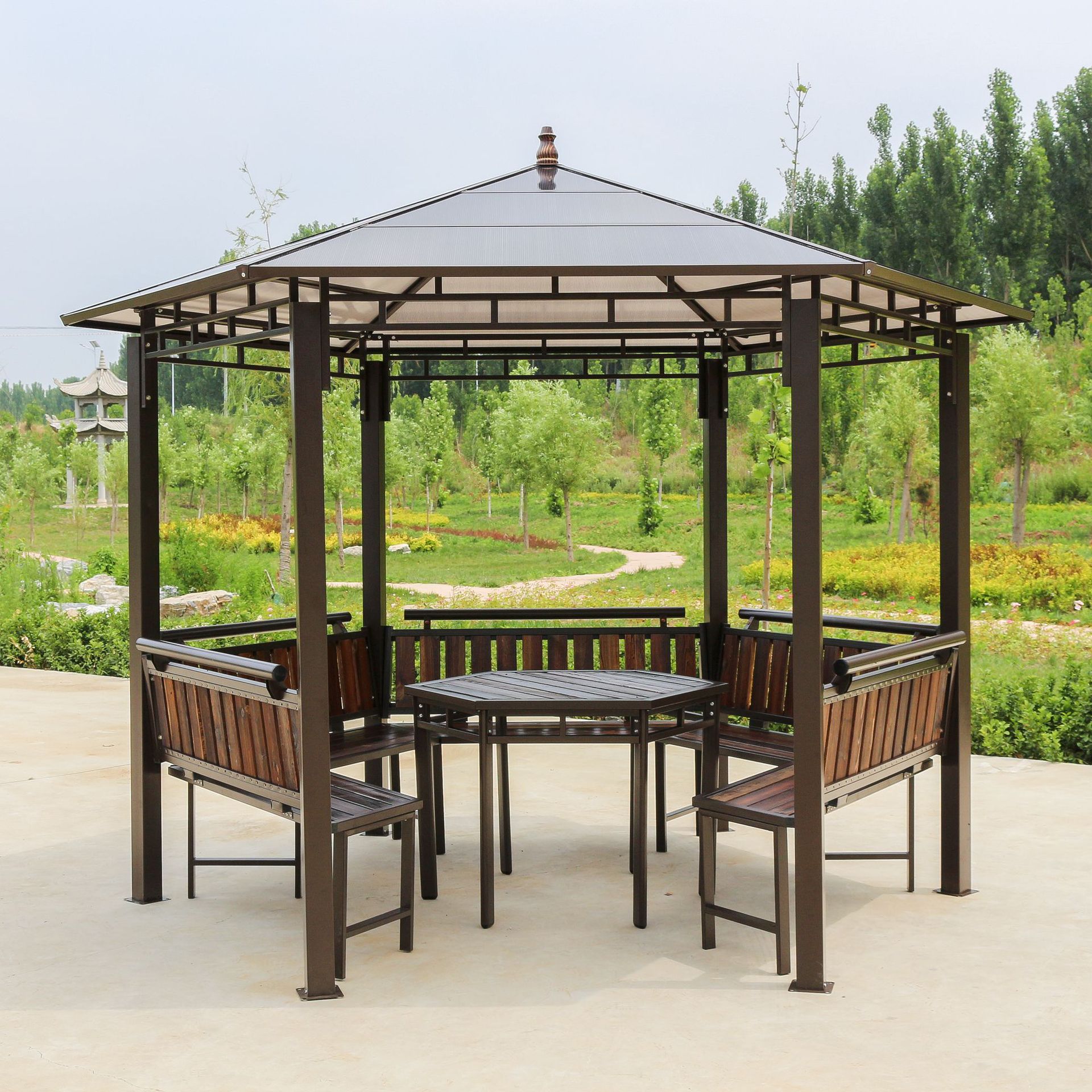 户外防紫外线pc板凉亭酒店农家院金属六角铁艺亭子铝合金帐篷