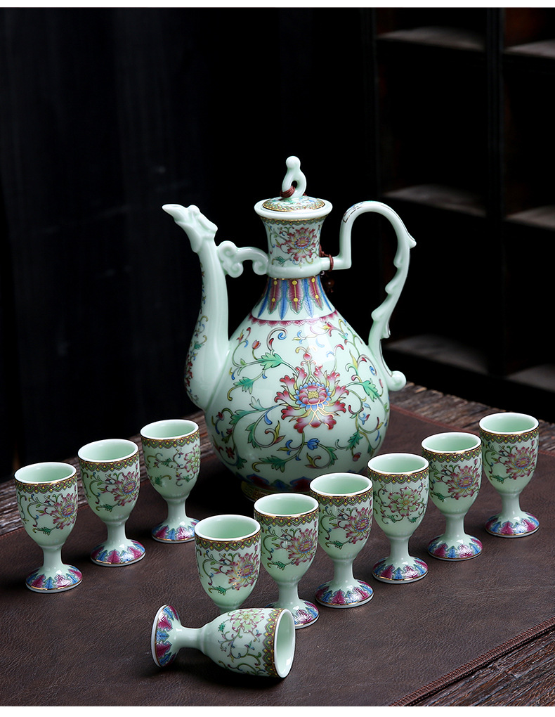 陶瓷酒具套装11件套白酒杯酒壶高脚一口杯家用酒器珐琅彩工艺礼盒