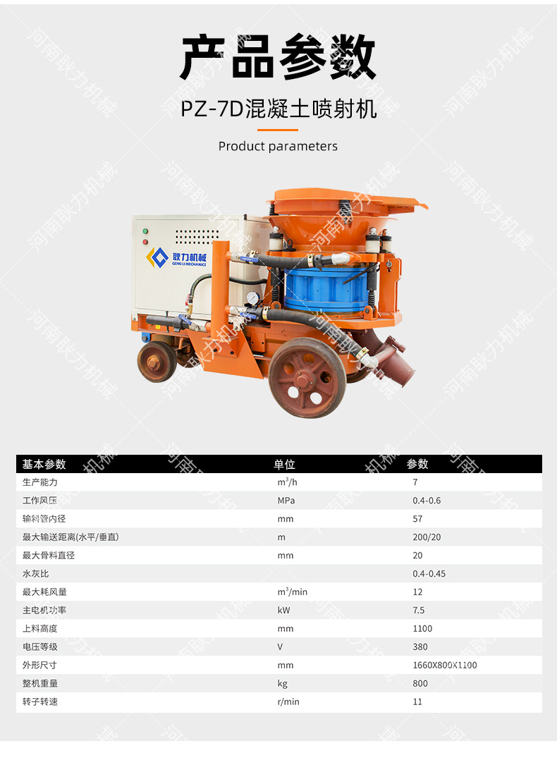 耿力pz-7d混凝土喷射机 水泥干式隧道砂浆支护喷浆机 干喷机