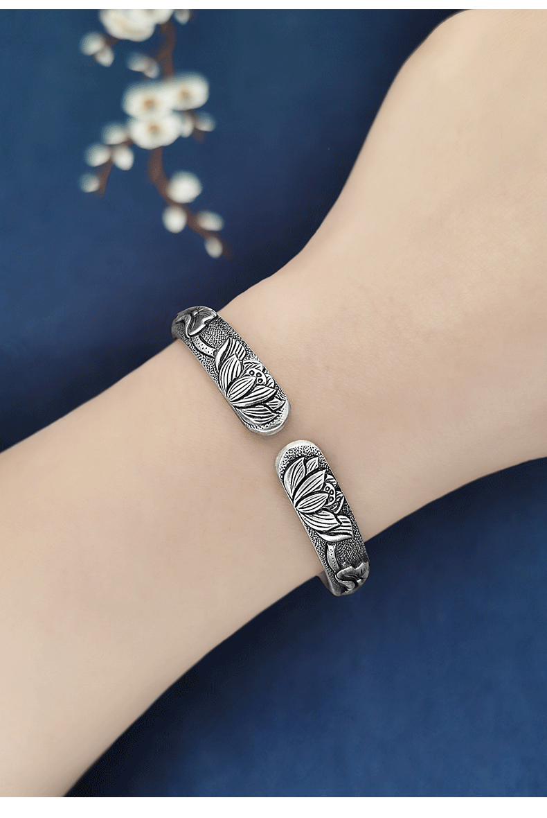 雪花银手镯女999足银手工浮雕刻民族风莲花开口仿古银镯子银饰