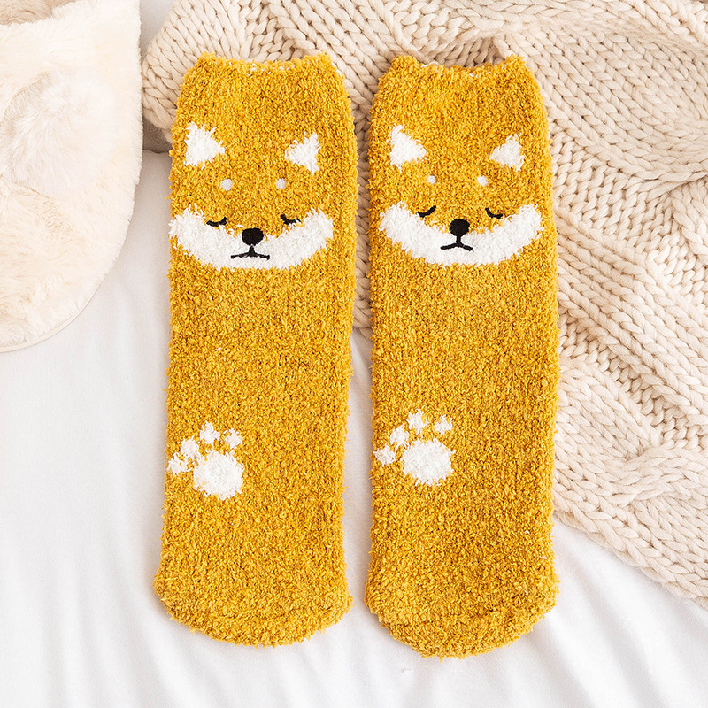 Coral Fleece Socks Women's Winter Thickened Velvet Padded Warm Floor Socks Home Sleeping Socks Cute Cartoon Plush Socks