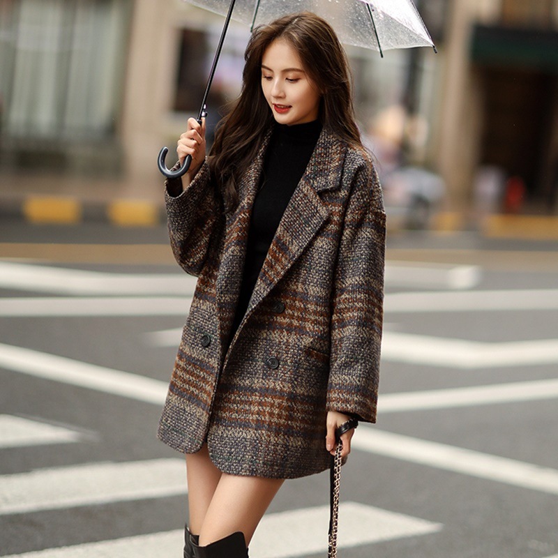 毛呢外套女中长款宽松西装流行格子呢子大衣女2020秋冬加厚短上衣