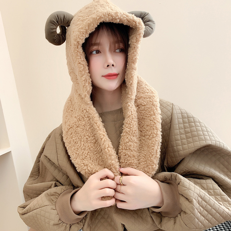 秋冬季可爱卖萌保暖软绵绵百搭可爱羊角保暖围巾暖手口袋