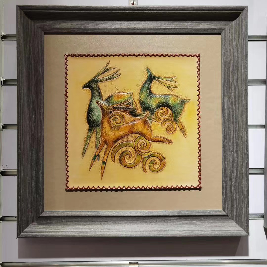 红火鱼私人定制纯手工皮雕画牛皮壁画特色背景墙装饰创意客厅挂画