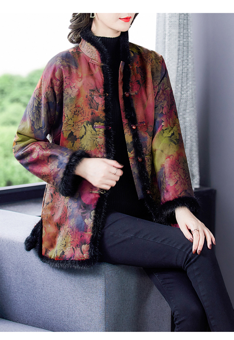 香云纱棉衣外套女轻薄2020秋冬新款中老年印花宽松真丝桑蚕丝棉服