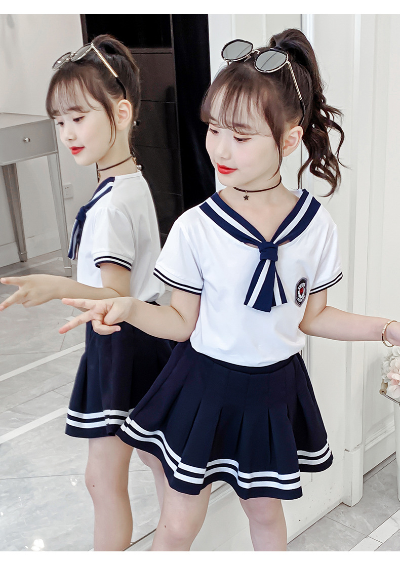 女童短袖短裙套装夏装校园风校服学院风小女孩海军风民国风两件套