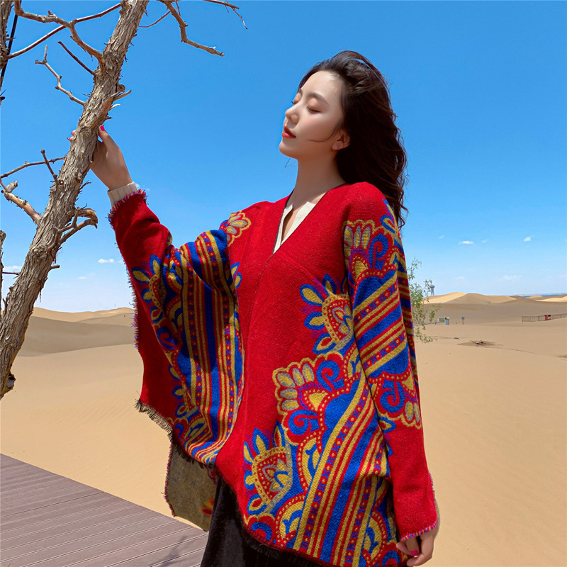 Red Ethnic Retro Style Warm Shawl Tibet Xinjiang Nepal Travel Multi-Purpose Scarf Cloak Female