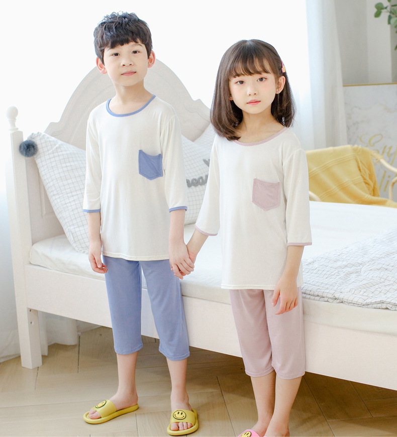 夏季儿童空调服 男女童家居服 七分儿童睡衣睡裤 居家儿童套装