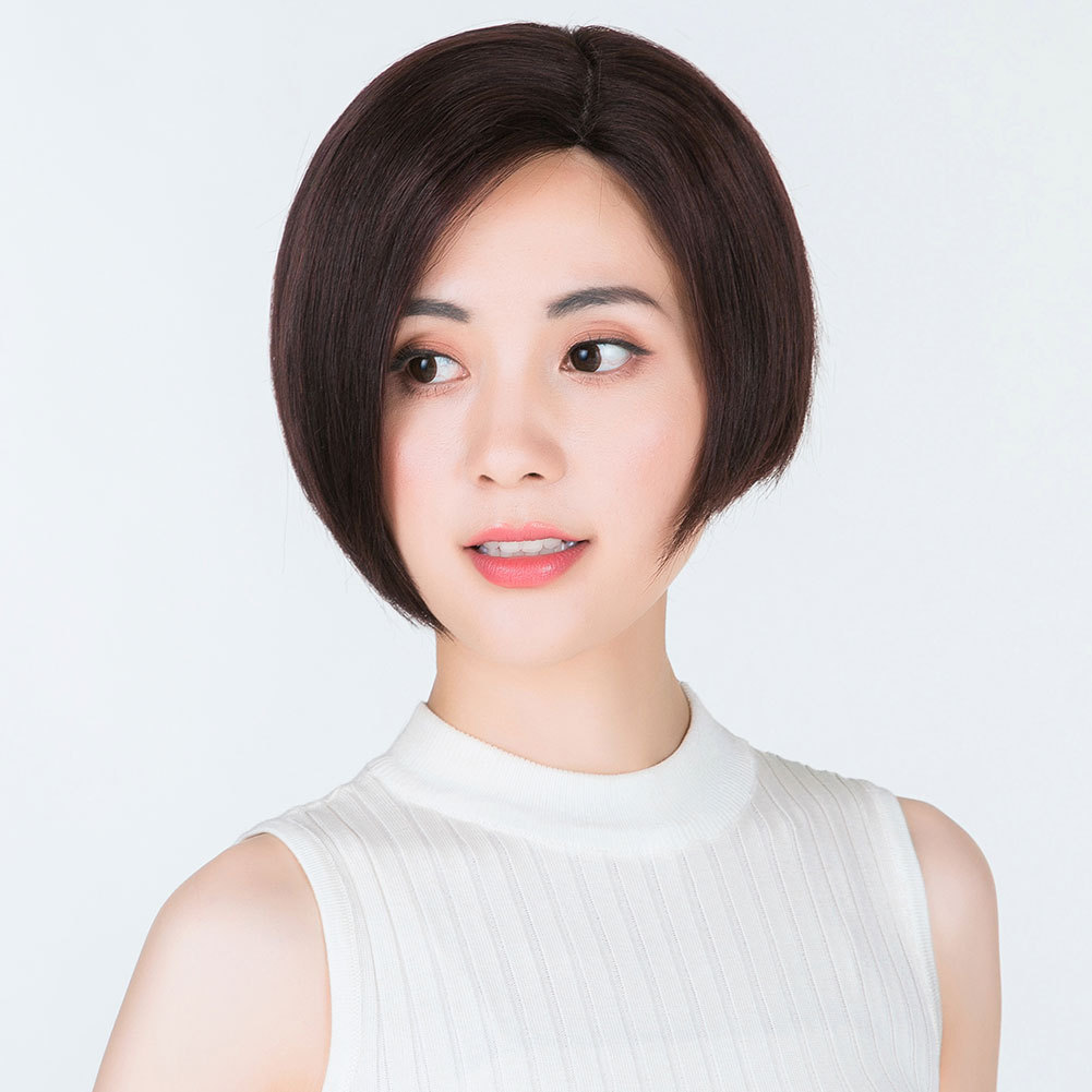 假发女短发真人发丝偏分bobo波波头真发偏分圆脸短直发手织全头套