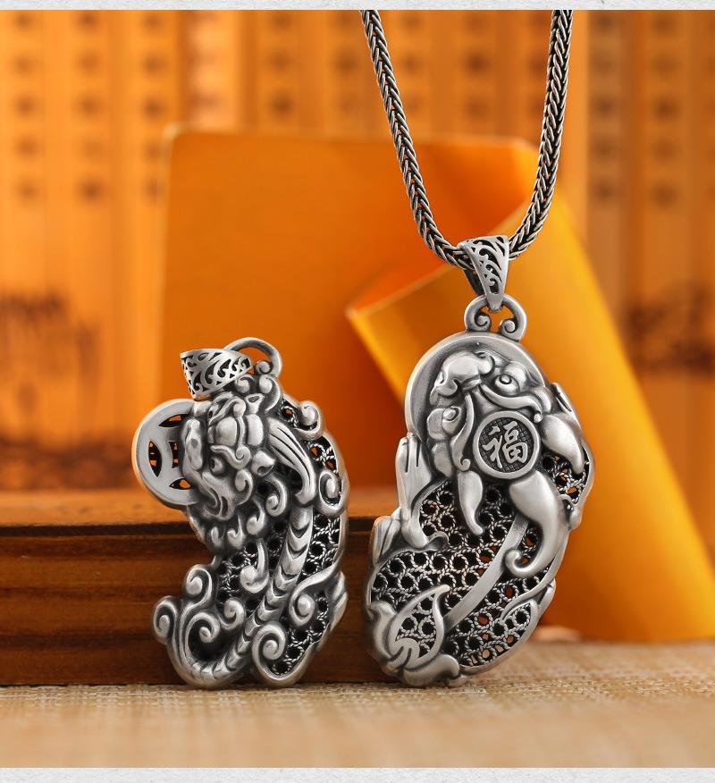 纯银复古花丝貔貅吊坠足银999镂空招财纳福男女时尚毛衣挂坠