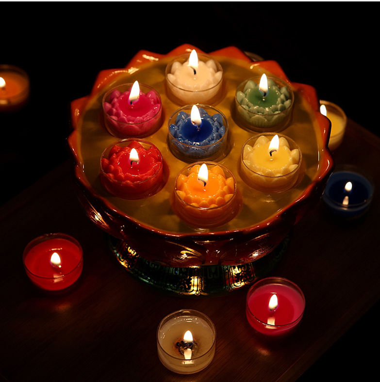 寺院供灯家居佛堂蜡烛台七盏陶瓷酥油灯座八吉祥莲花灯架七彩灯盘