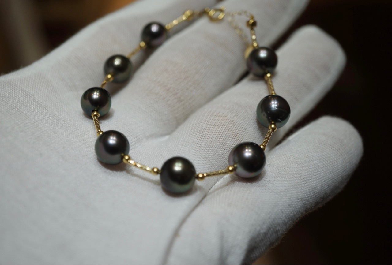 大溪地黑珍珠手链89mm微瑕18k金材质非正圆天然色