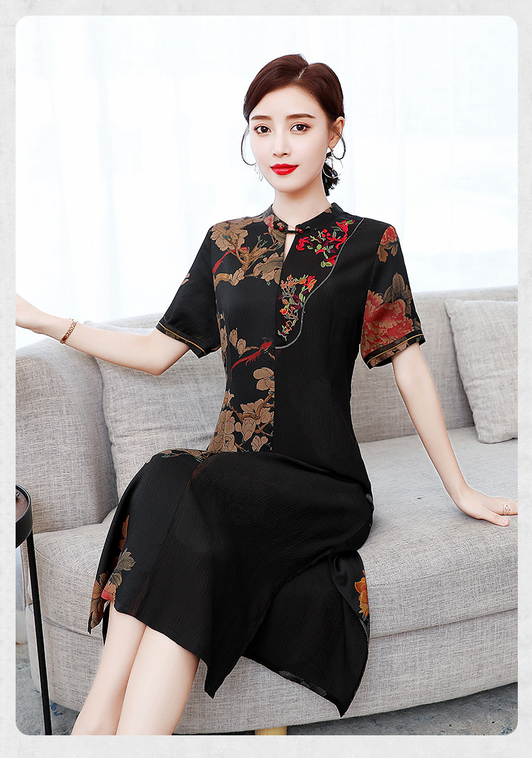 fmn-ha9112香云纱重工刺绣新款正宗莨绸旗袍裙 - 唐织绾女装店