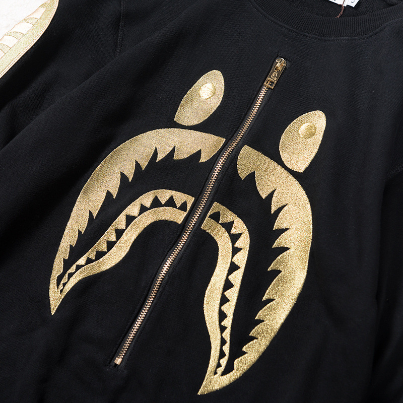 跨境秋季新款男士日系潮牌金色鲨鱼头印花半开拉链长袖圆领卫衣