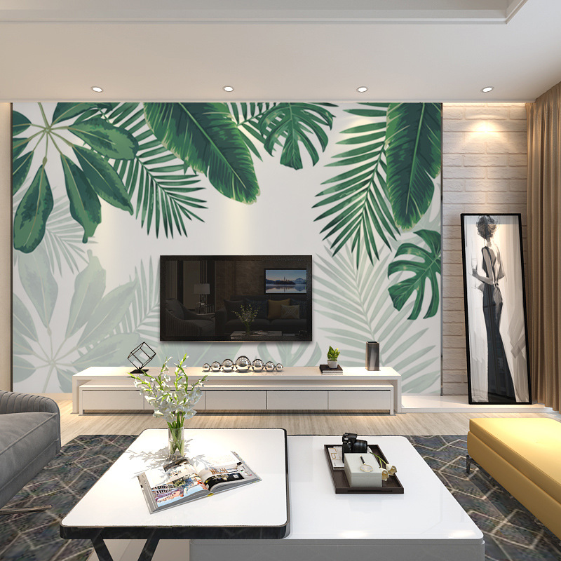 8d立体北欧风小清新客厅电视背景墙壁纸卧室绿叶墙纸5d个性壁画布