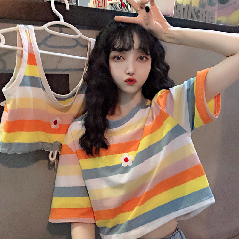 2020新款短袖女泫雅风短款彩虹色条纹t恤女夏宽松学生韩版上衣女